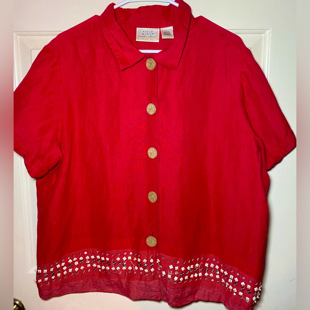 Field Manor Modern Classics Women’s Red Linen Button‎ Up Top, XL